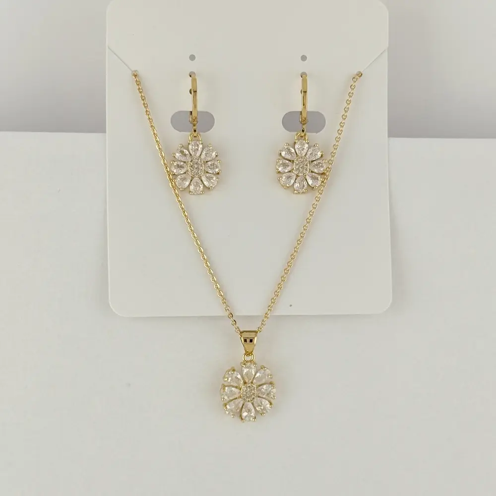 Juego en Rodinado Gold Champagne microcirconia flor 