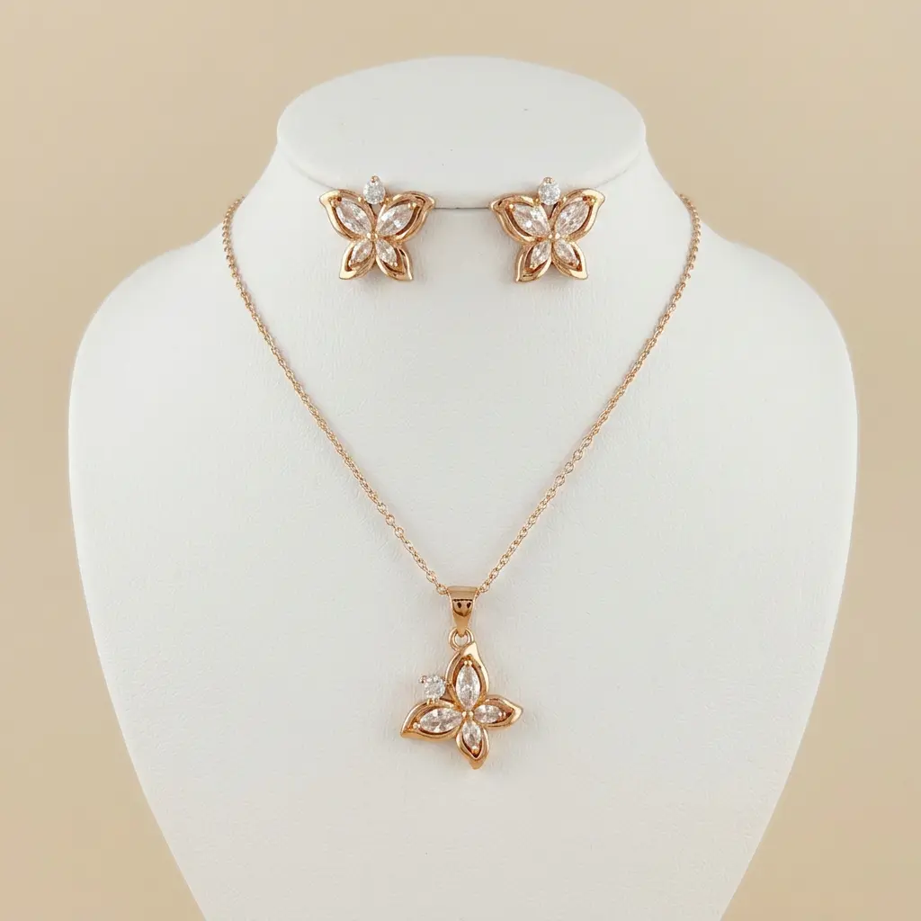 Juego en Rodinado Gold Champagne microcirconia Mariposa