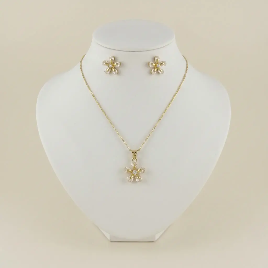 Juego en Rodinado Gold Champagne microcirconia flor 