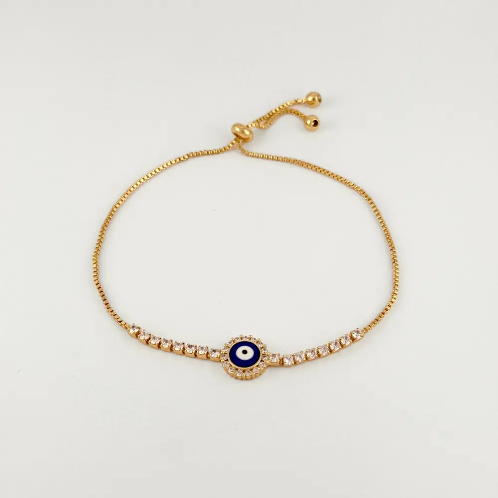 Pulsera en Rodinado Gold Champagne ajustable ojito azul microcirconia