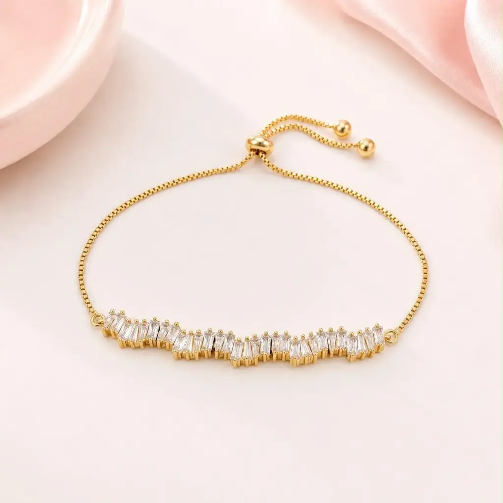 [G-PL-237] Pulsera en Rodinado Gold Champagne ajustable cristales baguette microcirconia rectángulos