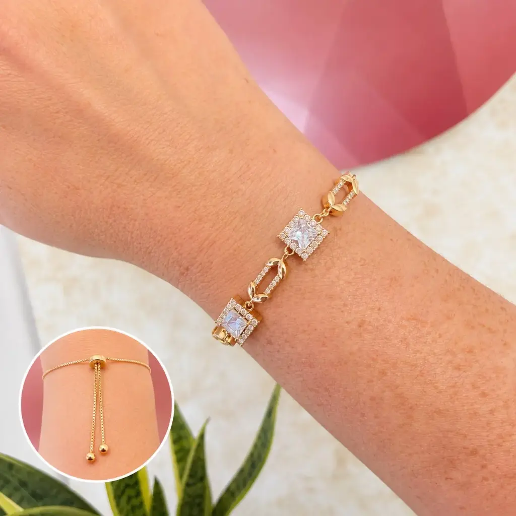 Pulsera en Rodinado Gold Champagne ajustable cristales baguette microcirconia cuadrado