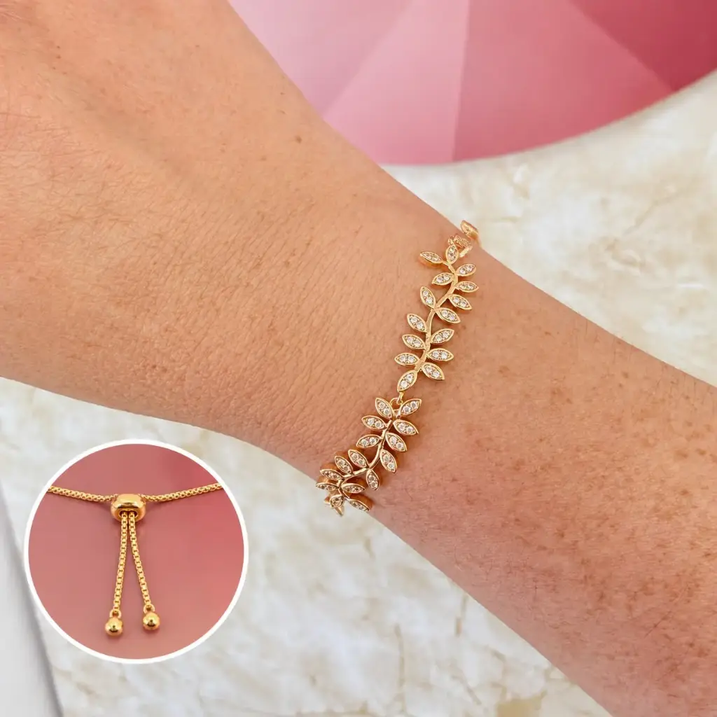 Pulsera en Rodinado Gold Champagne ajustable ramitas laurel microcirconia
