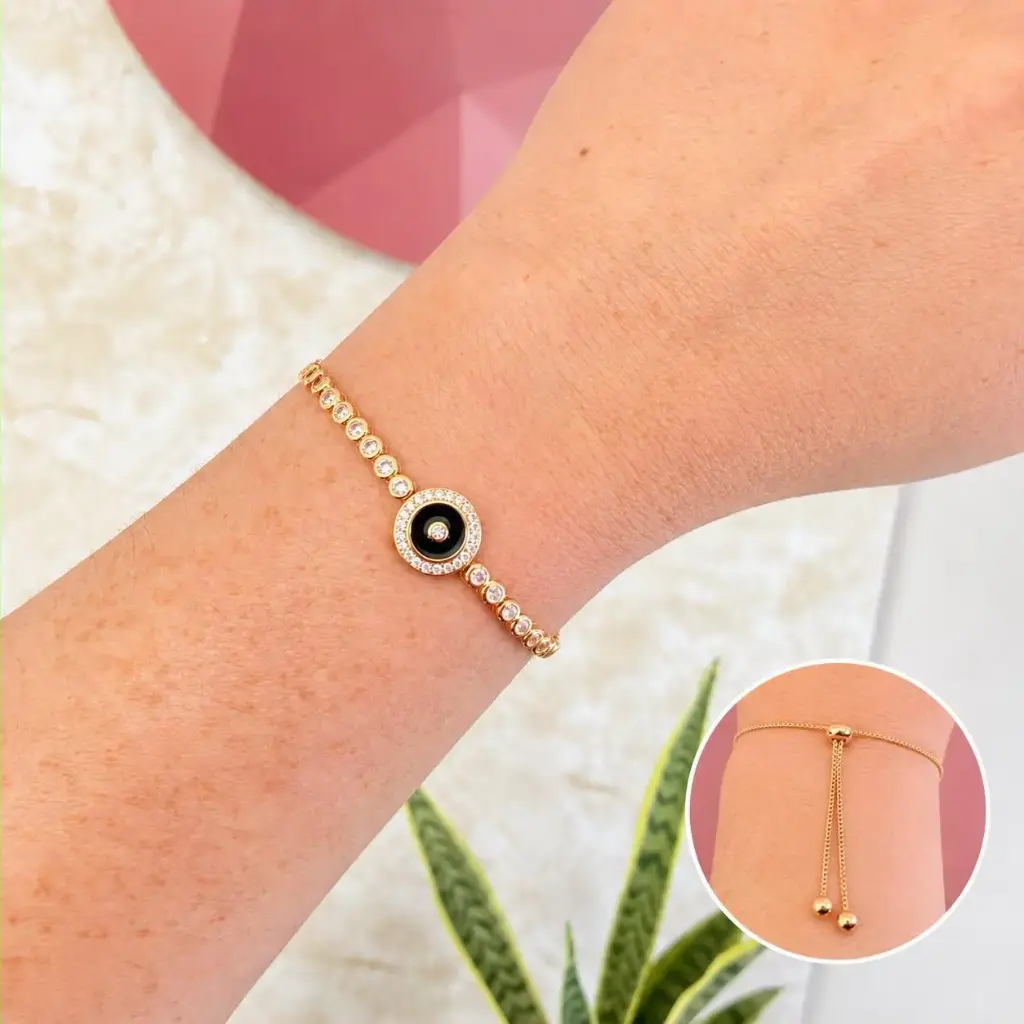 [G-PL-242] Pulsera en Rodinado Gold Champagne ajustable ojito esmaltado negro microcirconia