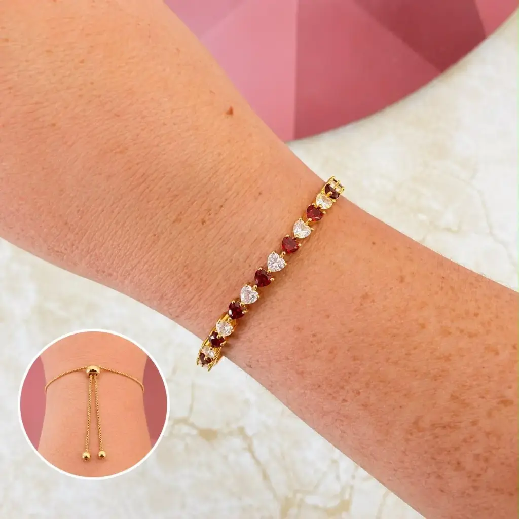 [G-PL-243] Pulsera en Rodinado Gold Champagne ajustable corazones cristal blanco / rojo