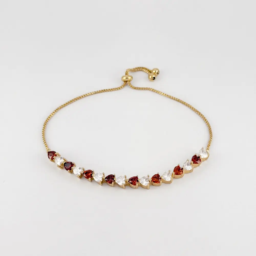 Pulsera en Rodinado Gold Champagne ajustable corazones cristal blanco / rojo