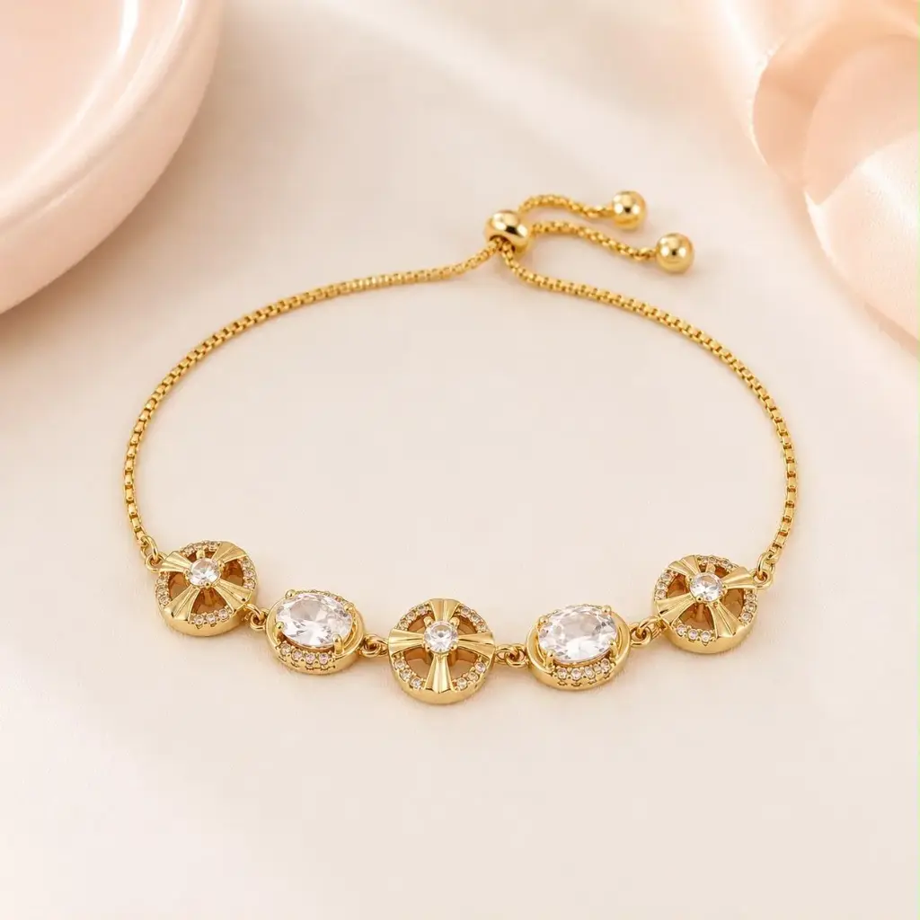 [G-PL-244] Pulsera en Rodinado Gold Champagne ajustable circulo ovalo cristal