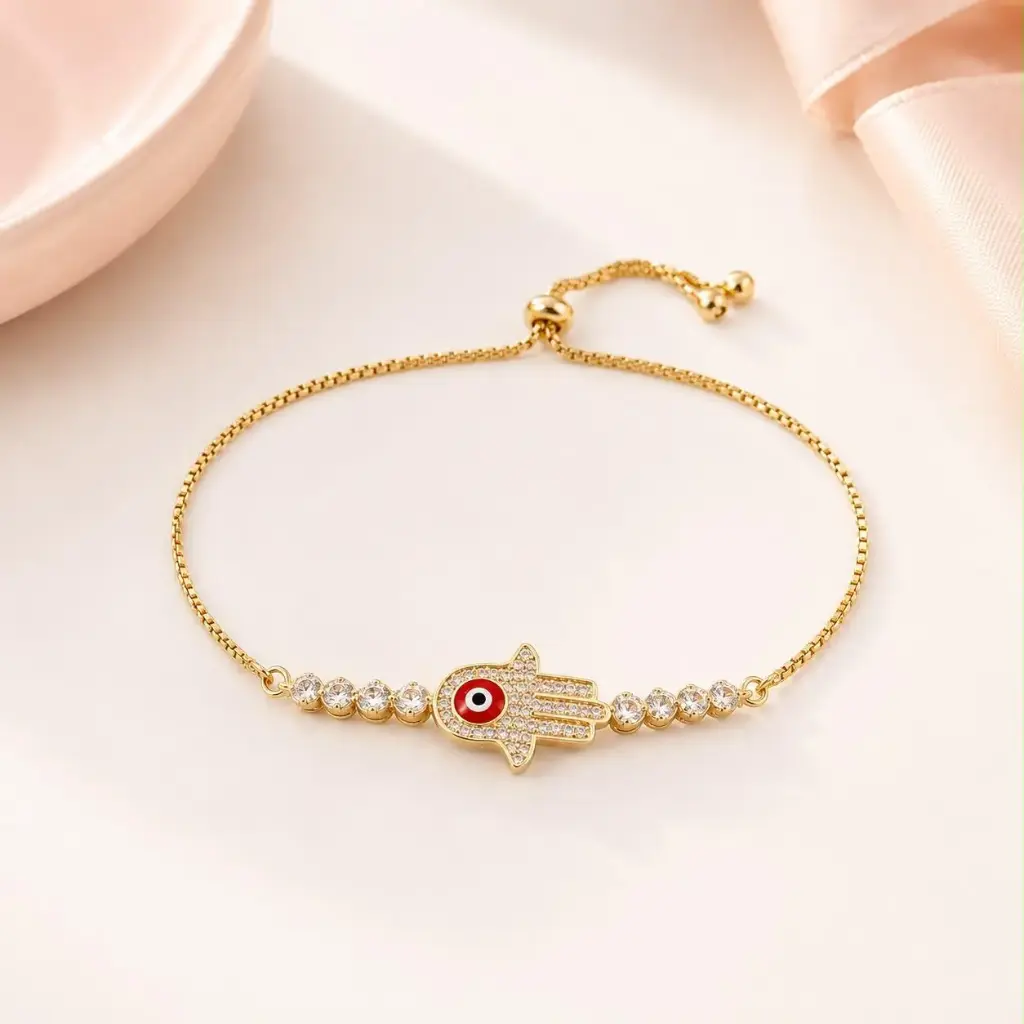[G-PL-246] Pulsera en Rodinado Gold Champagne ajustable manito ojito esmaltado rojo