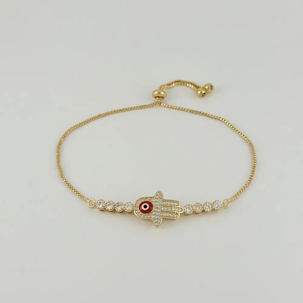 Pulsera en Rodinado Gold Champagne ajustable manito ojito esmaltado rojo