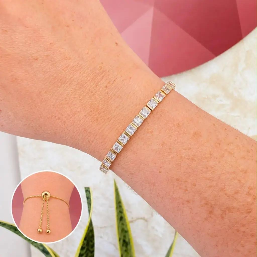 [G-PL-248] Pulsera en Rodinado Gold Champagne ajustable cristal cuadrado