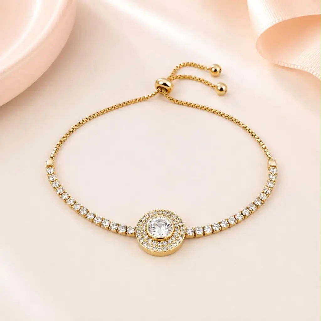 [G-PL-249] Pulsera en Rodinado Gold Champagne ajustable círculo microcirconia especial