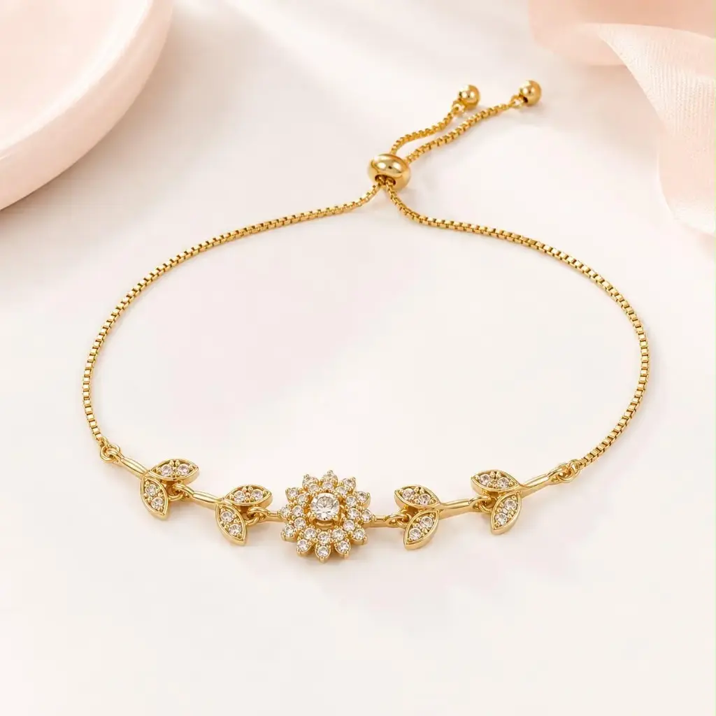 [G-PL-250] Pulsera en Rodinado Gold Champagne ajustable girasoles microcirconia