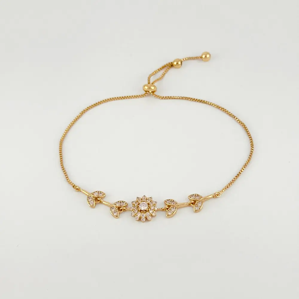 Pulsera en Rodinado Gold Champagne ajustable girasoles microcirconia