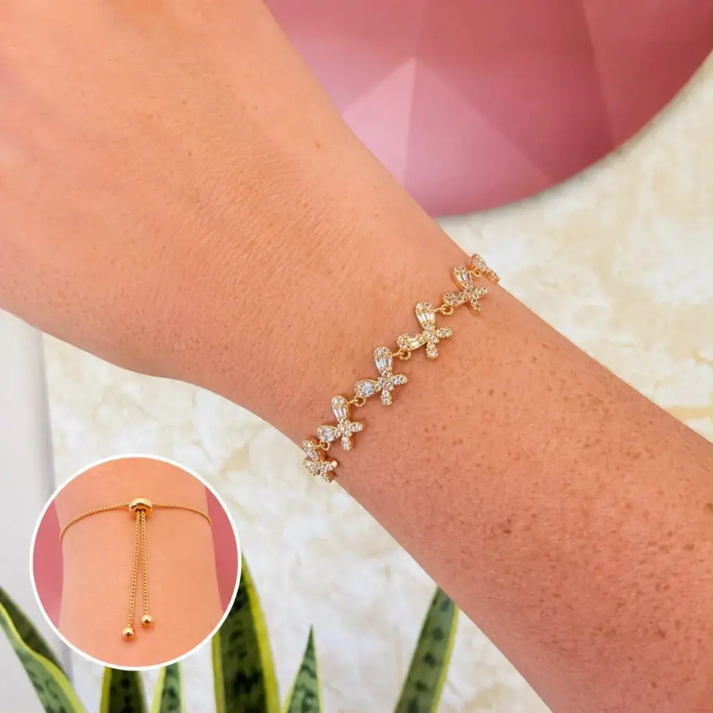 Pulsera en Rodinado Gold Champagne ajustable mariposas microcirconia