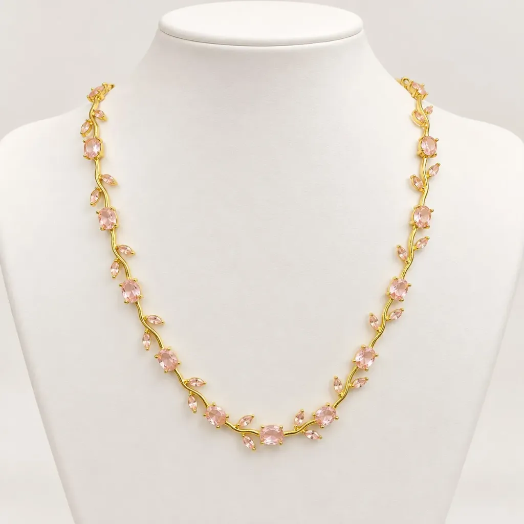 [G-CDD-223] Collar en rodinado Gold Tulipán cristales rosados