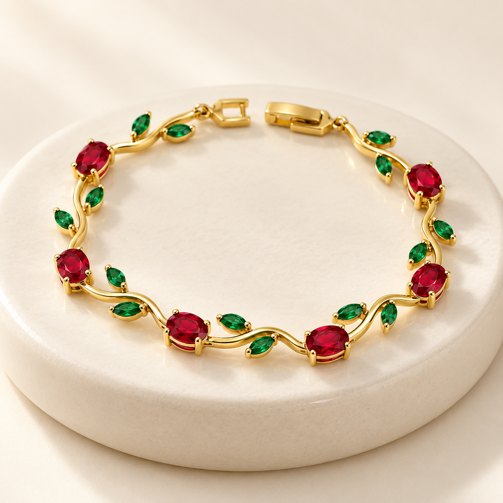 [G-PL-254] Pulsera en rodinado gold Tulipán cristales rojos