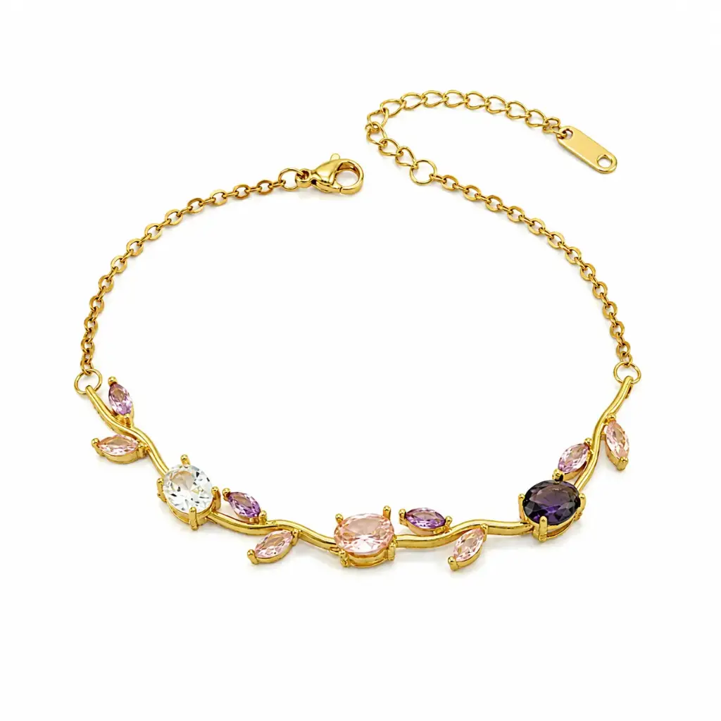 Tobillera en Acero gold Tulipán con cadena cristales colores surtidos