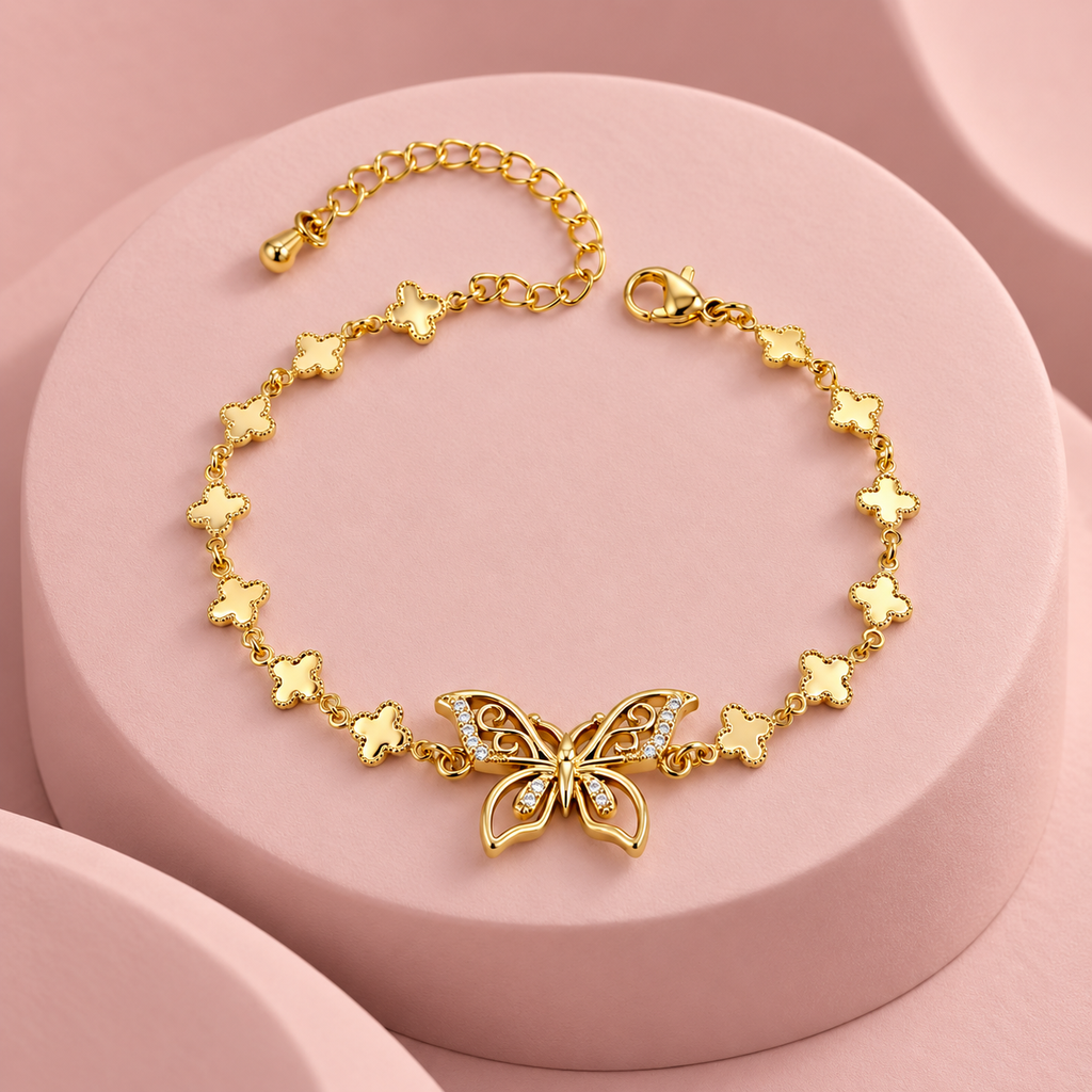 Pulsera en rodinado gold mariposa flores