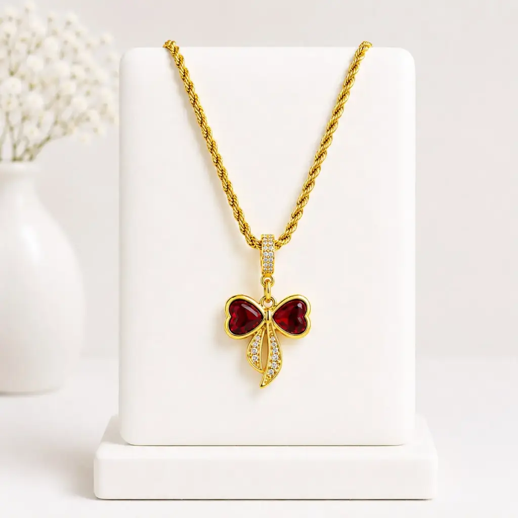Cadena en rodinado gold cadena especial dije microcirconia lazo circones rojos