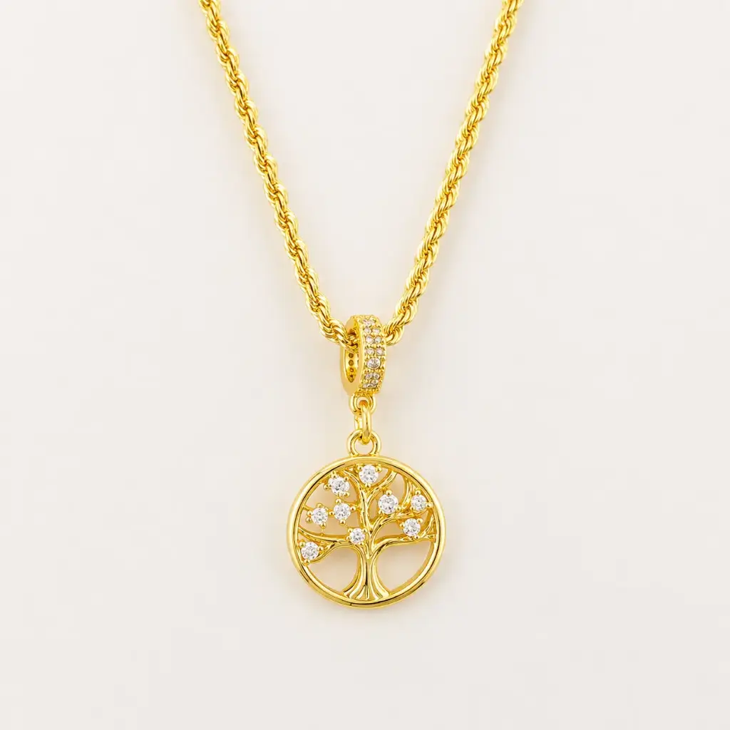 Cadena en rodinado gold cadena especial dije microcirconia árbol