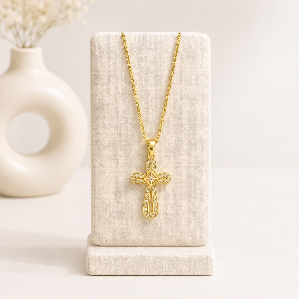 Cadena en rodinado gold cadena especial dije microcirconia cruz