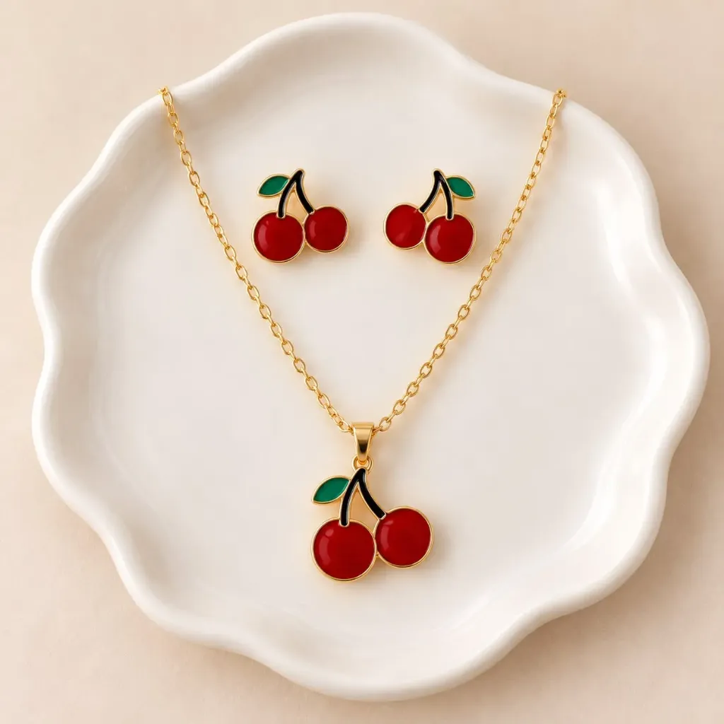 [AC-JU-225] Set esmaltado en acero gold figura cerezas