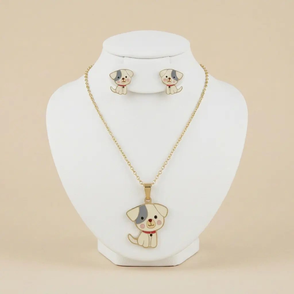 Set esmaltado en acero gold para niñas figura perrito