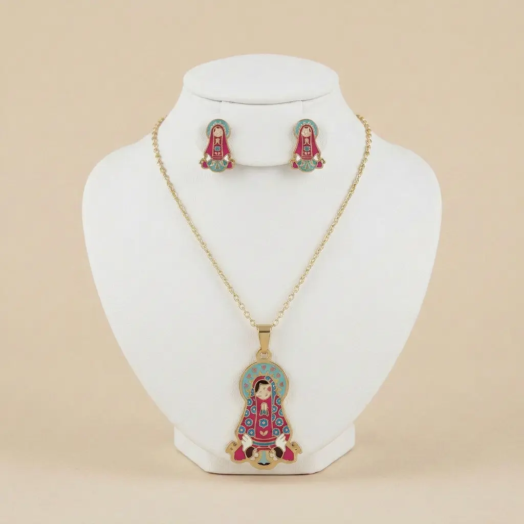 Set esmaltado en acero gold para niñas figura virgencita please