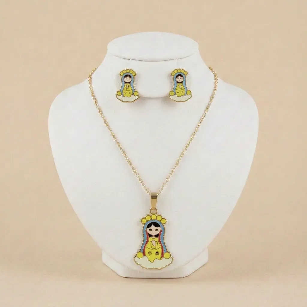 Set esmaltado en acero gold para niñas figura virgencita please