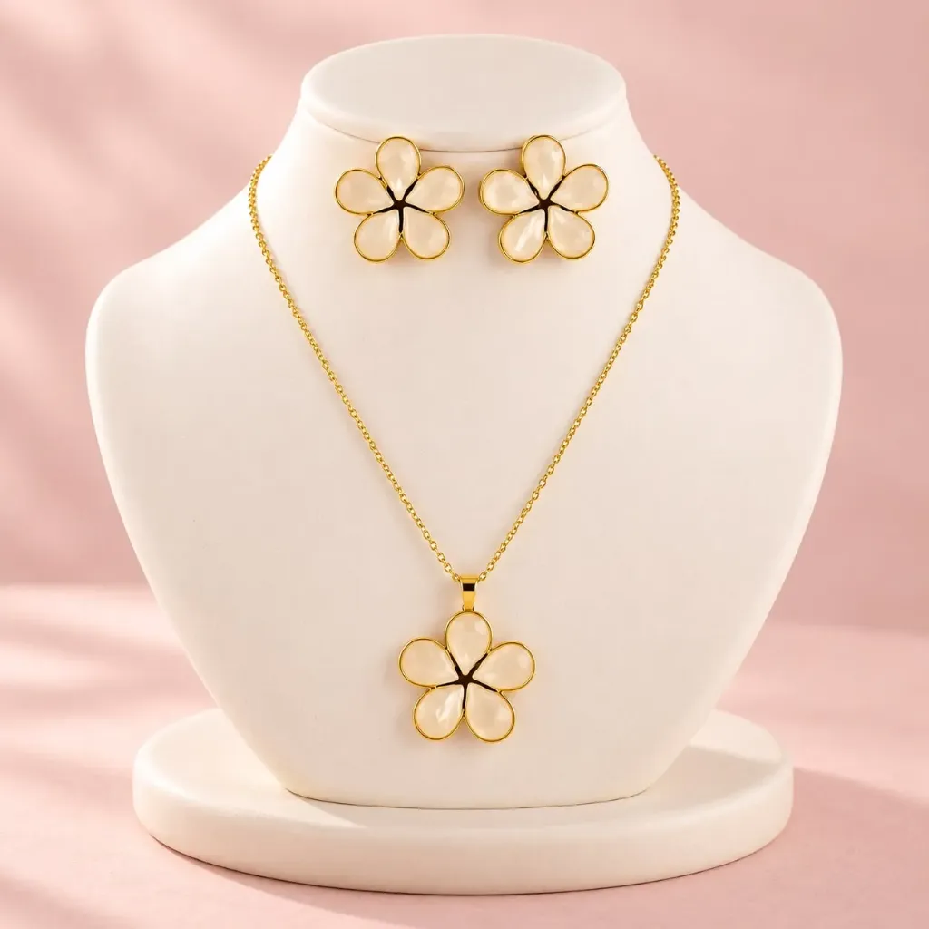 Juego en acero gold flor esmaltada Ref. 2