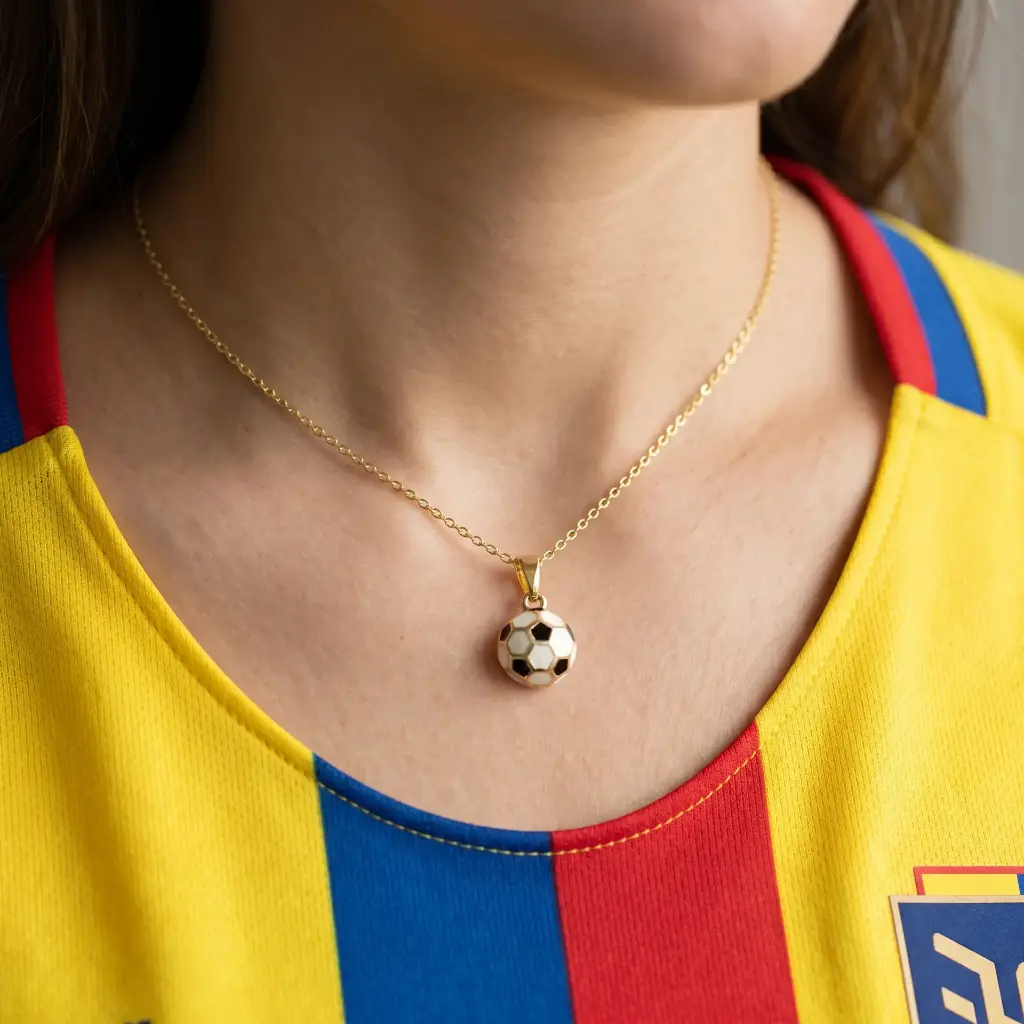 Collar en rodinado gold dije pelota fútbol esmaltado blanco y negro