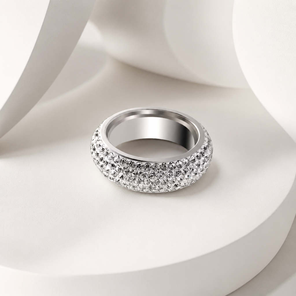 Anillo en acero silver aro 5 lineas microcircones blancos