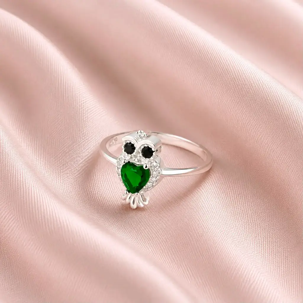 Anillo plata ley 925 búho cristal verde