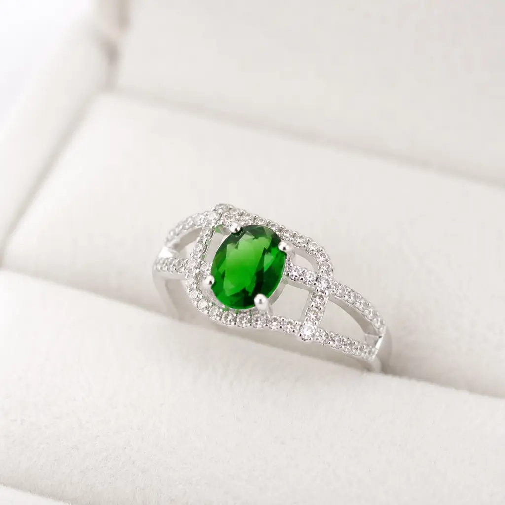 Anillo en plata ley 925 thai circón ovalo blanco / verde