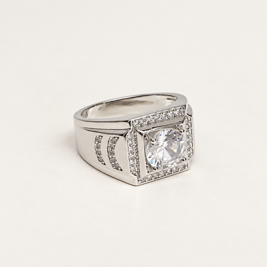 Anillo silver caballero circón cuadrado rodinado modelo 3