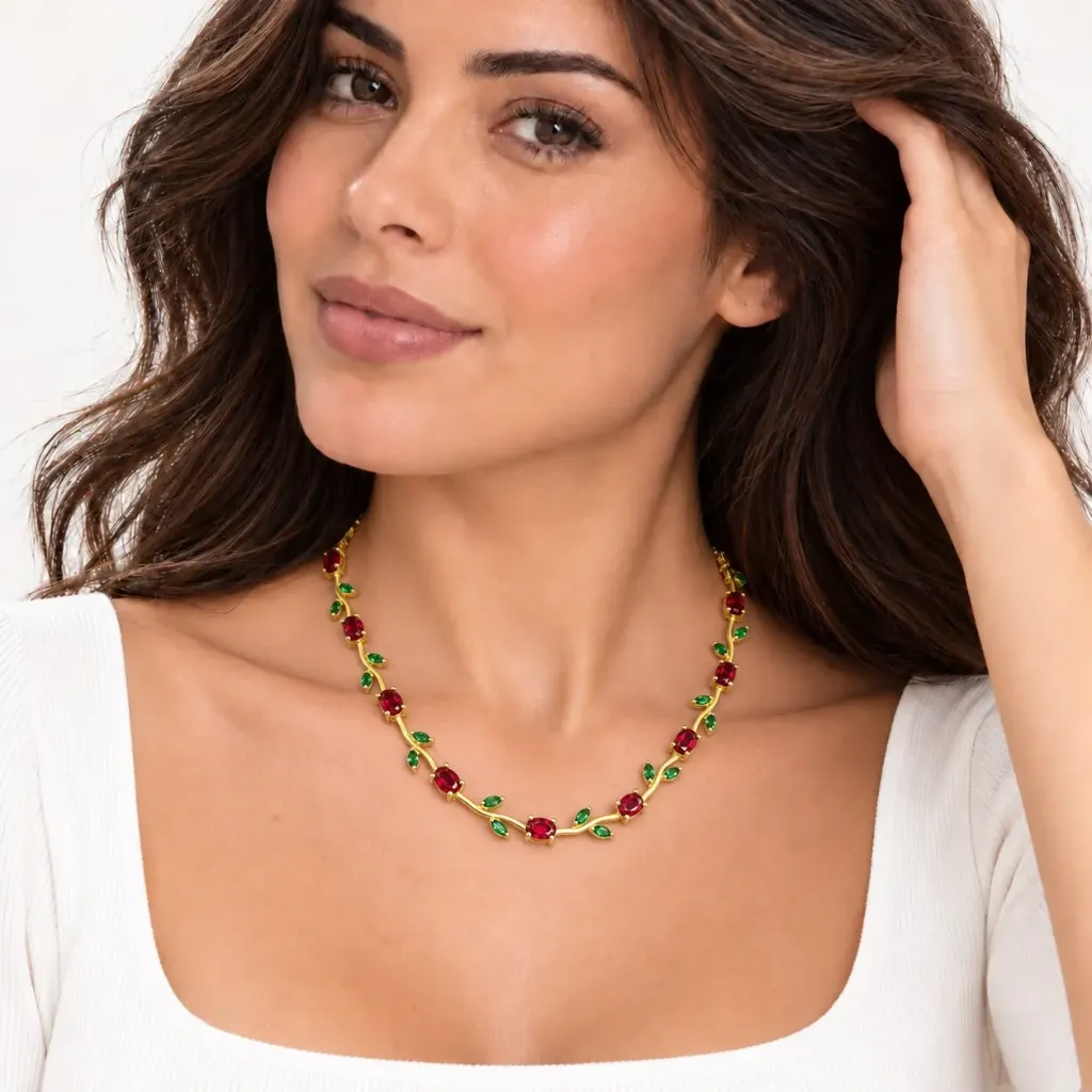 Collar en rodinado Gold Tulipán cristales rojos