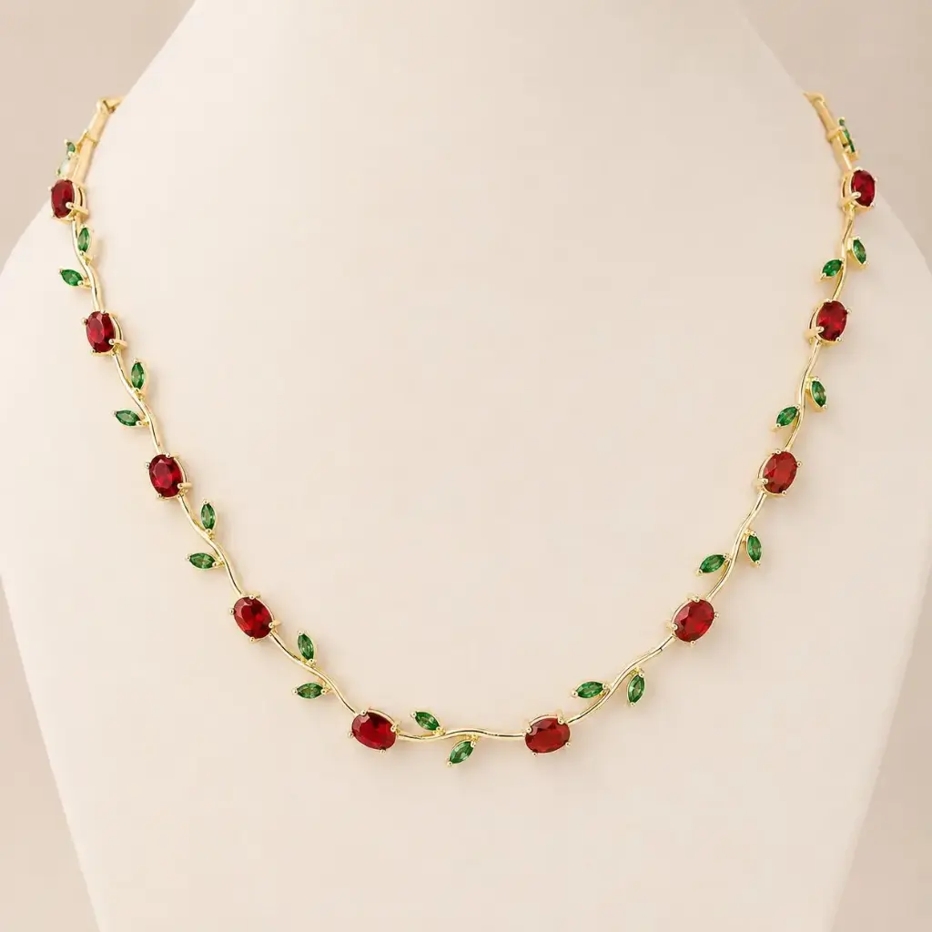 Collar en rodinado Gold Tulipán cristales rojos