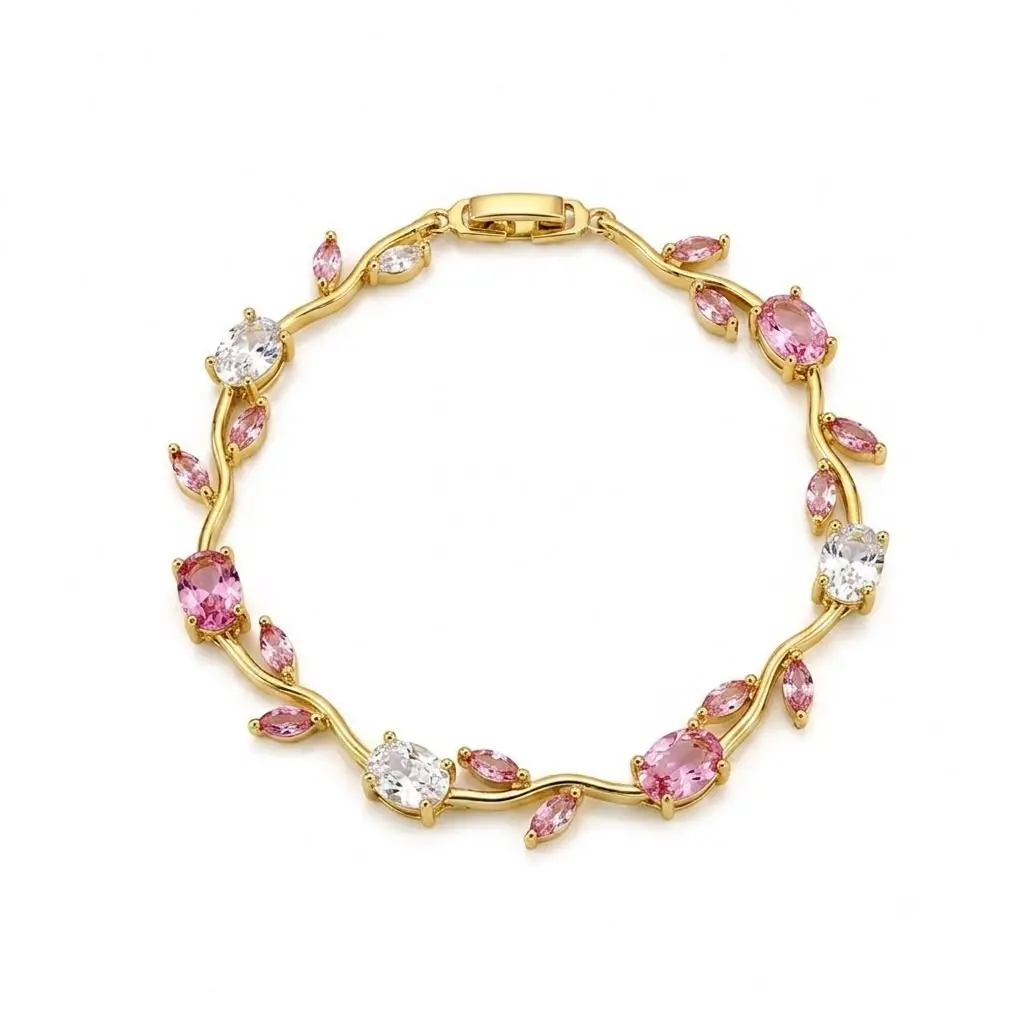Pulsera en rodinado gold Tulipán cristales rosados