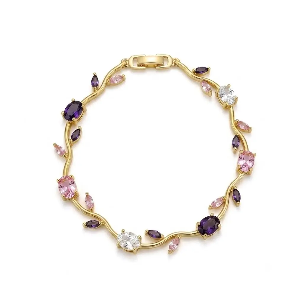 Pulsera en rodinado gold Tulipán cristales violeta / rosa / blanco