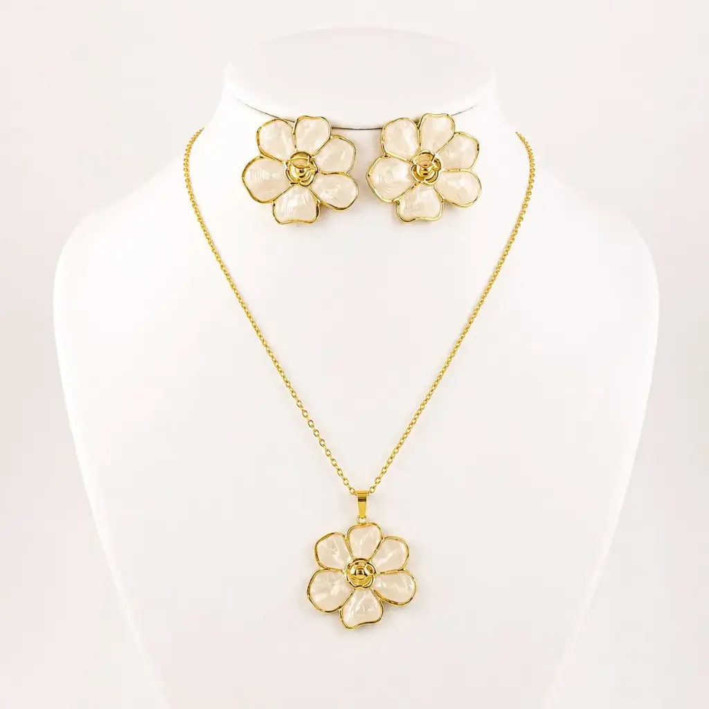 Juego en acero gold flor esmaltada