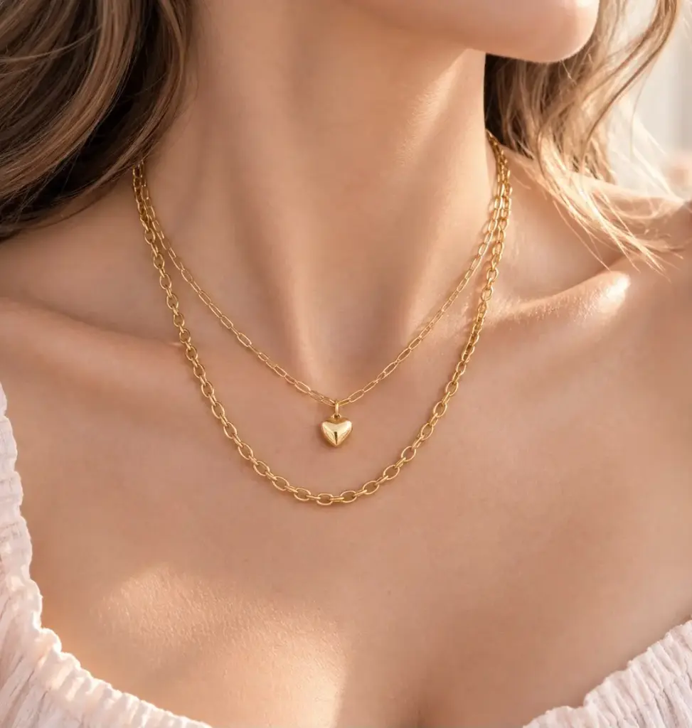 Collar en Acero Inoxidable dorado doble corazón