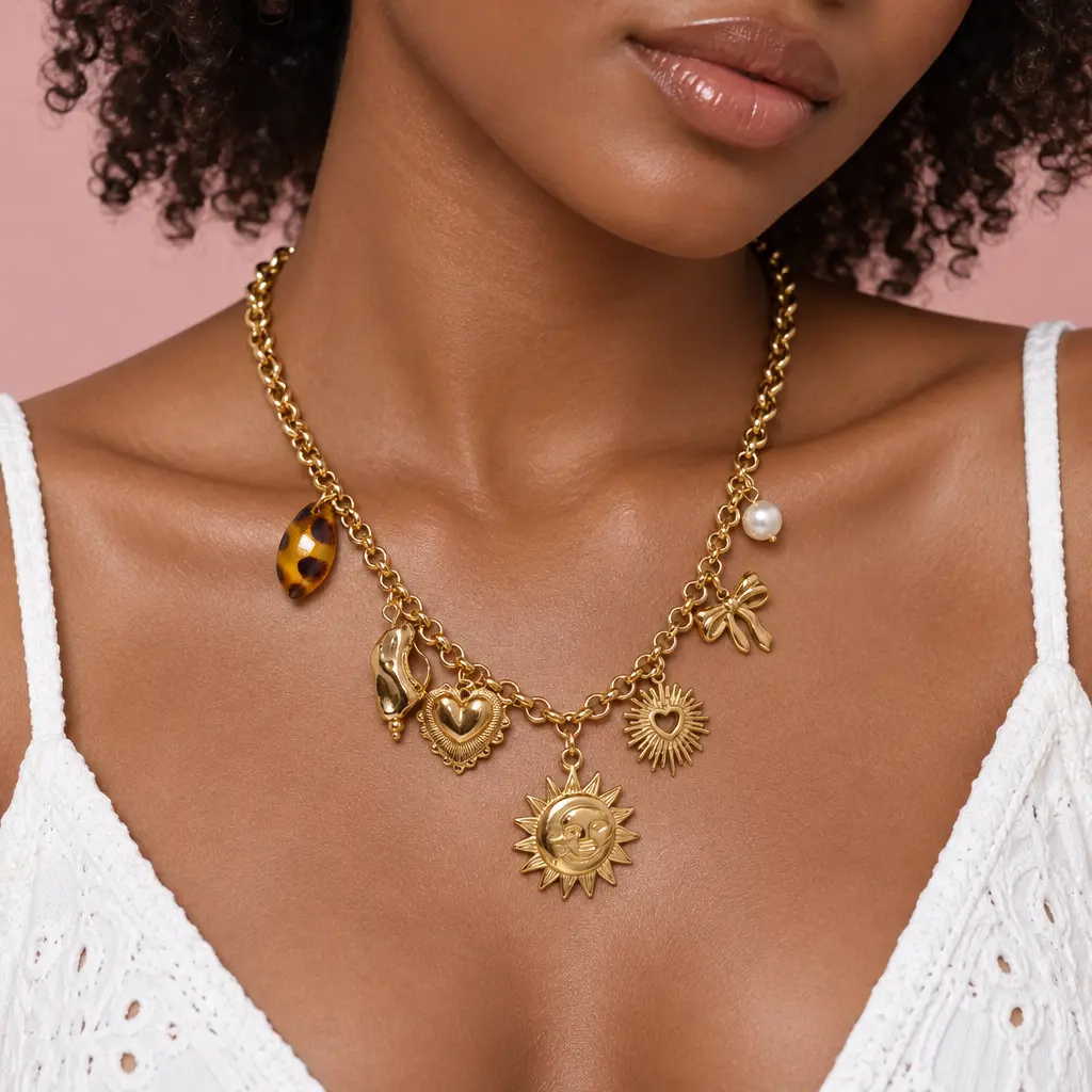 Collar en Acero Inoxidable dorado dijes charms sol