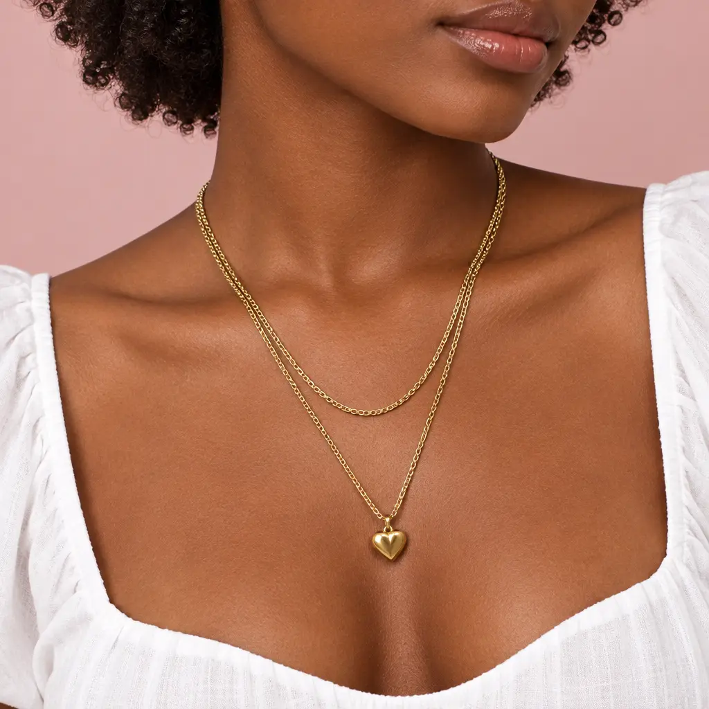 Collar en Acero Inoxidable dorado doble corazón