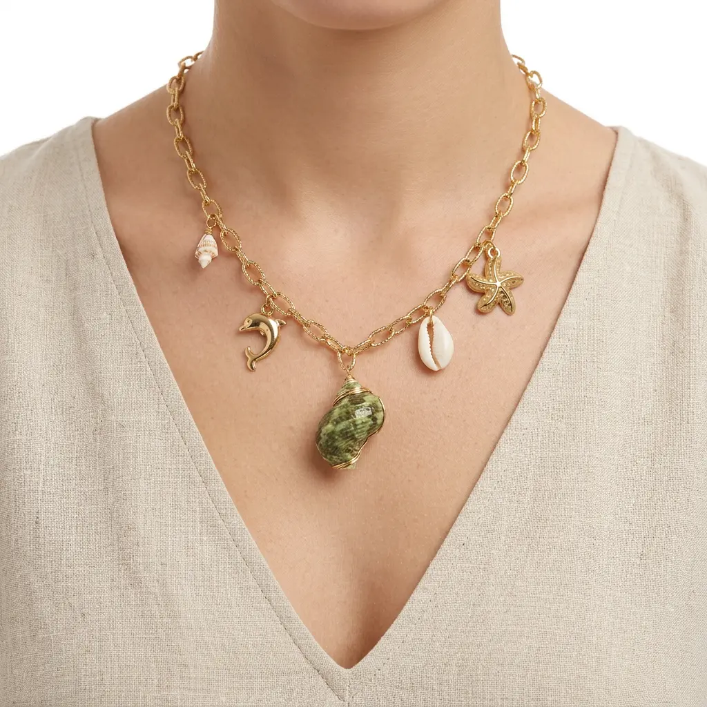 Collar en Acero Inoxidable dorado dijes charms piedra natural
