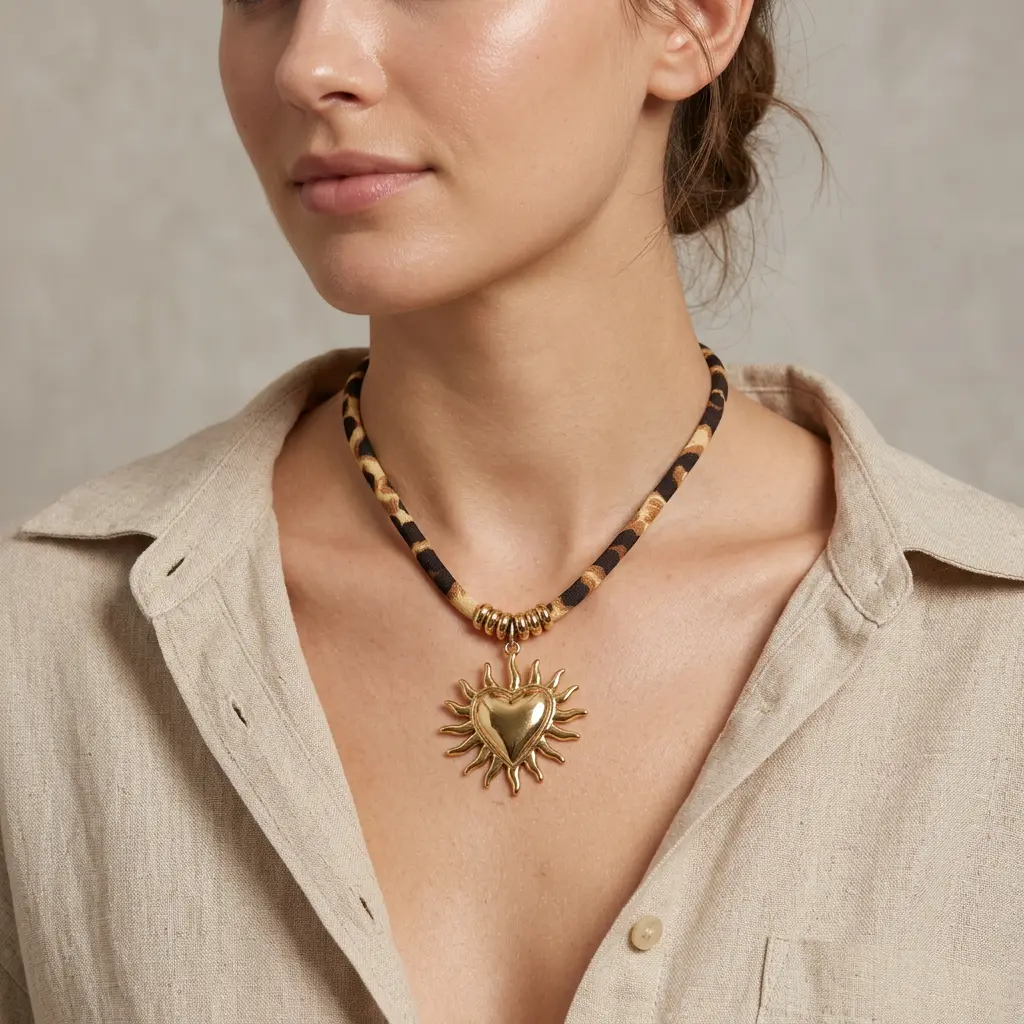 Collar en Acero Inoxidable dorado animal print corazón sol
