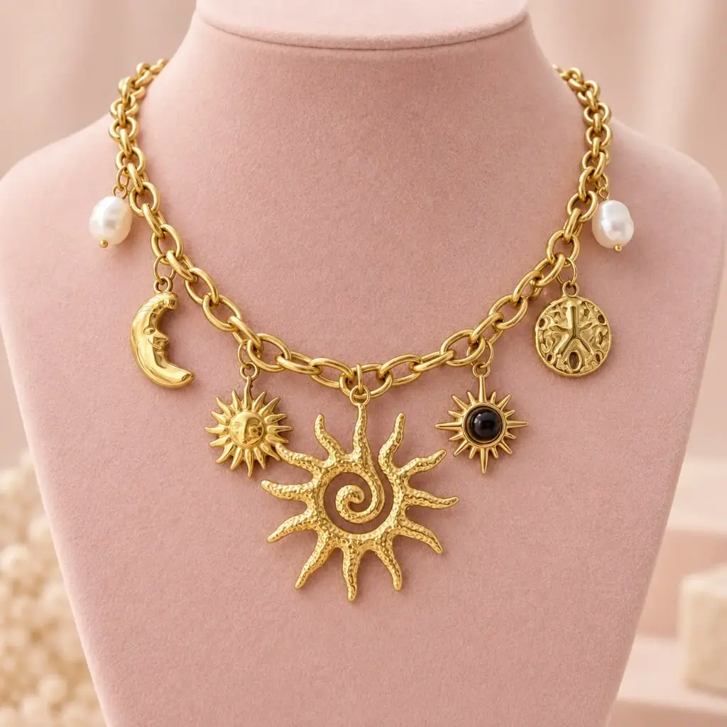 Collar en Acero Inoxidable dorado dijes charms sol / luna