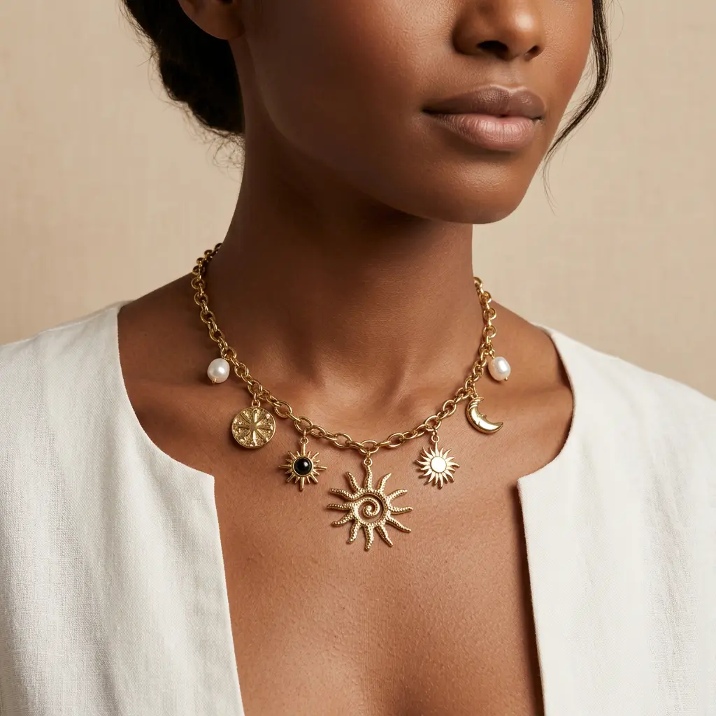 Collar en Acero Inoxidable dorado dijes charms sol / luna