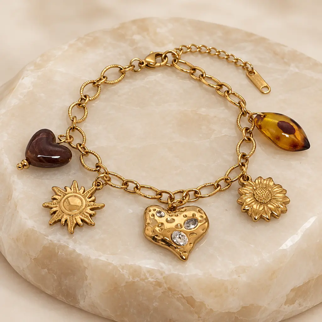 Pulsera en Acero Inoxidable dorada dijes charms corazón