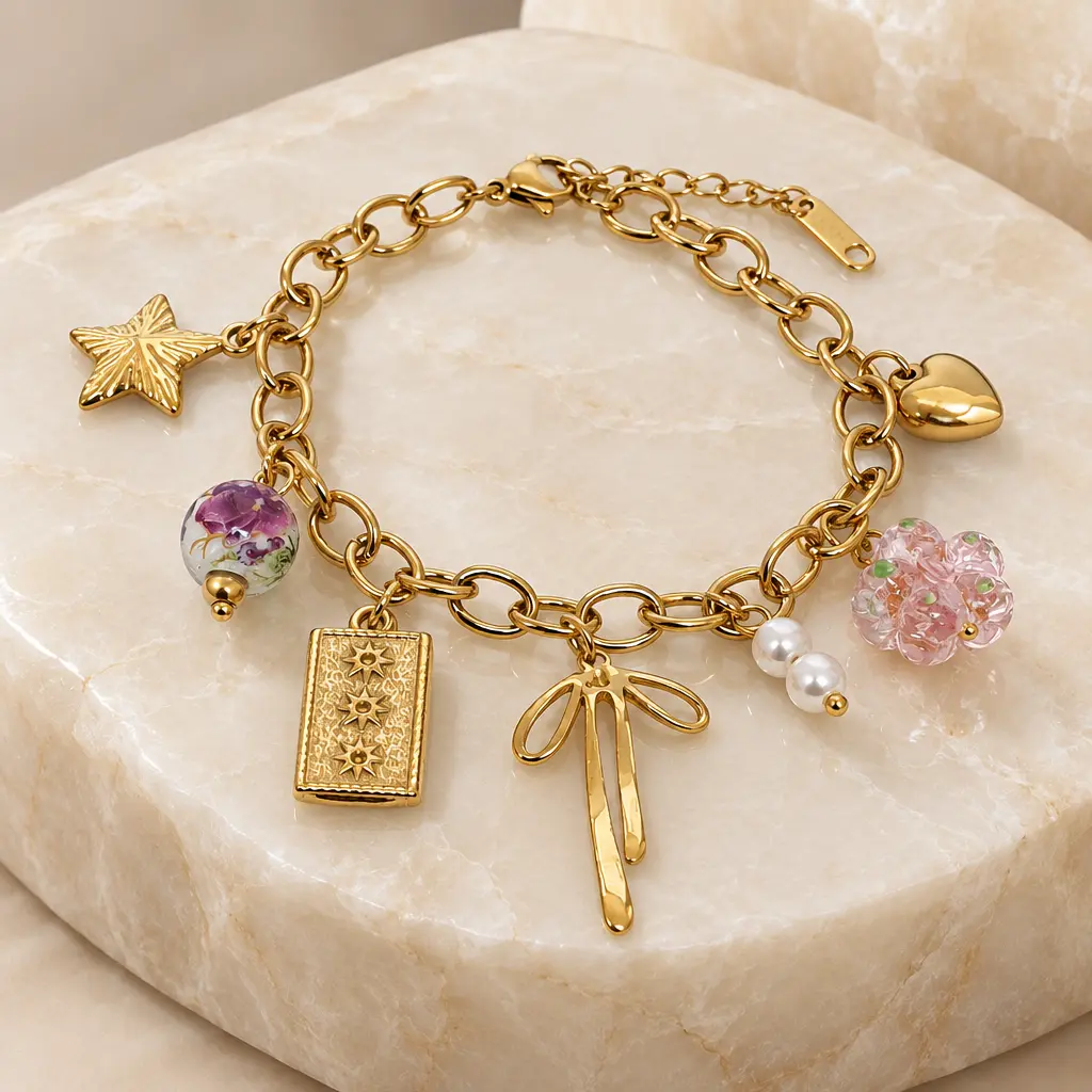 Pulsera en Acero Inoxidable dorada dijes charms moño