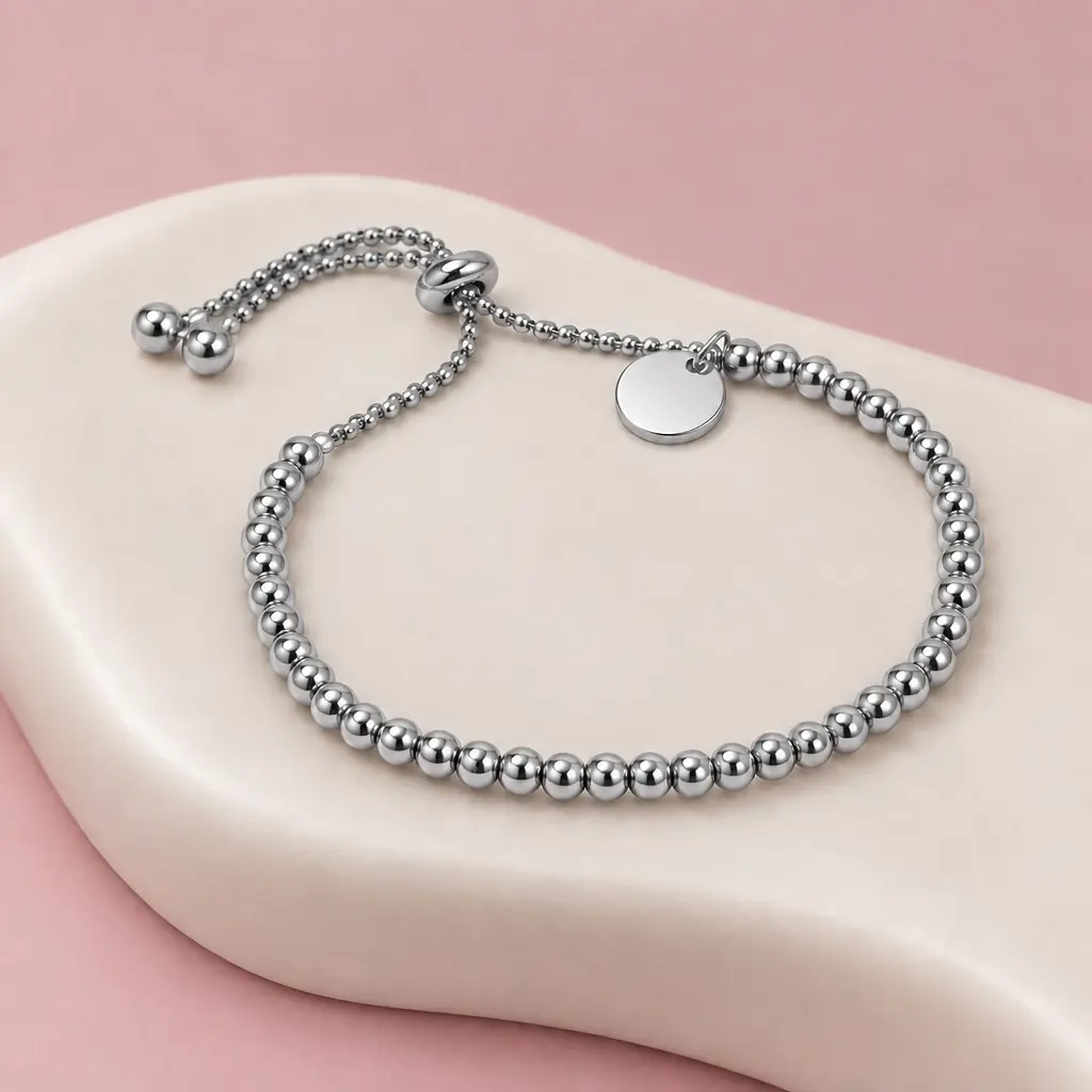 Pulsera en Acero Inoxidable plateada ajustable bolitas 